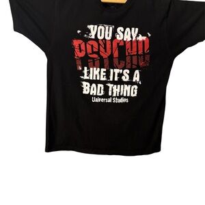 Universal Black Graphic Tee with Red and White Horror Text